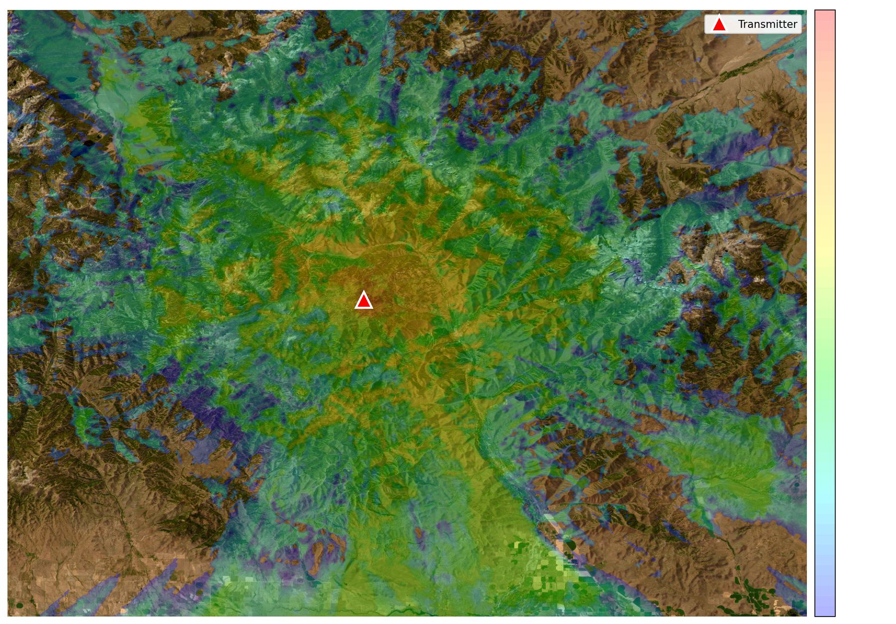 Real exported RF Studio coverage map showing terrain-aware signal propagation across mountainous terrain