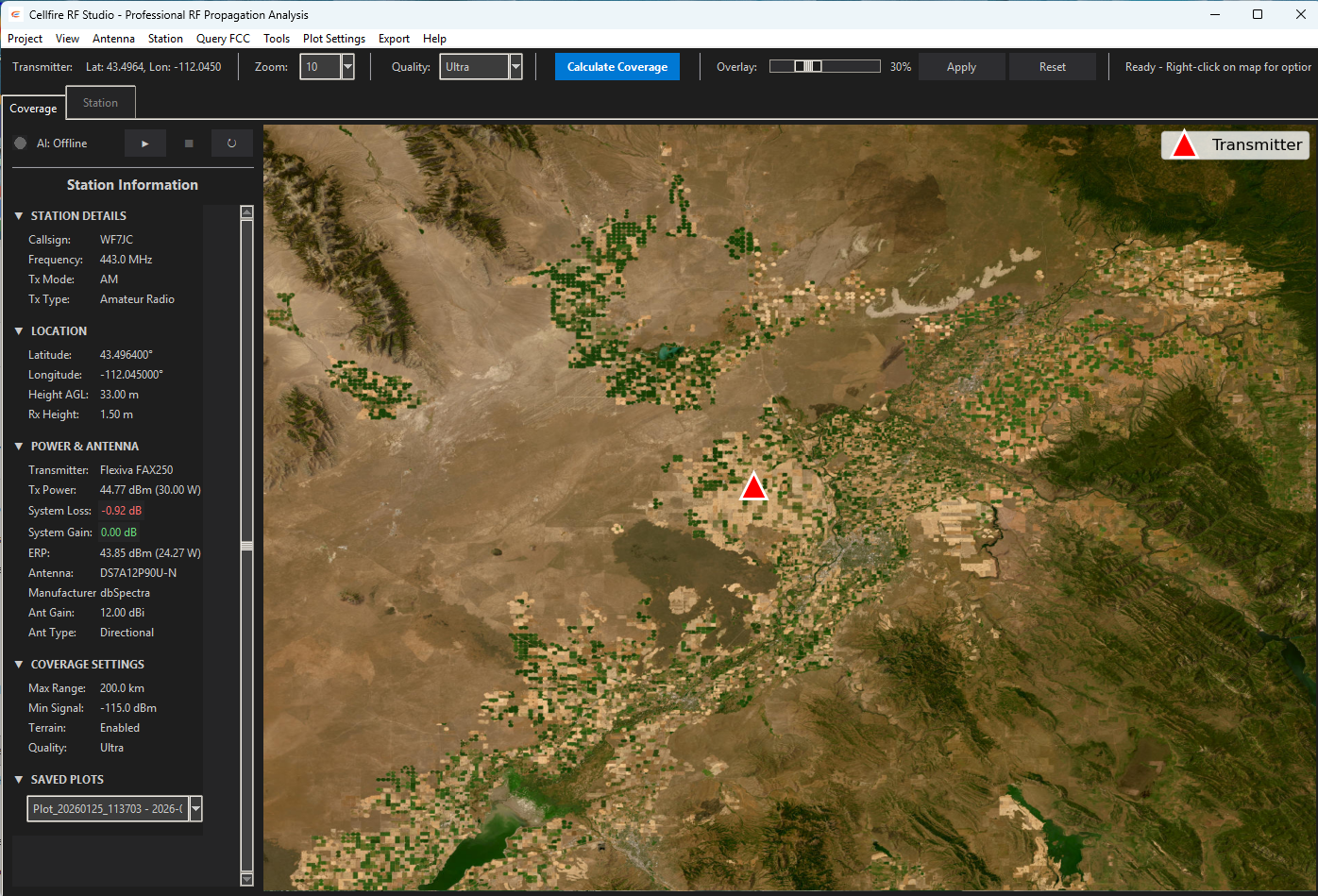 Cellfire RF Studio application showing live coverage map