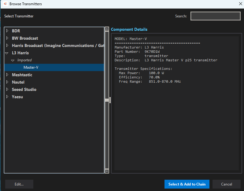 Browse Transmitters dialog showing manufacturer tree with L3 Harris Master-V selected