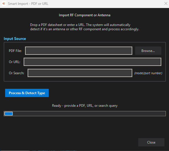 RF Studio Smart Import dialog powered by Ollama AI — drop any PDF datasheet to auto-extract component specs